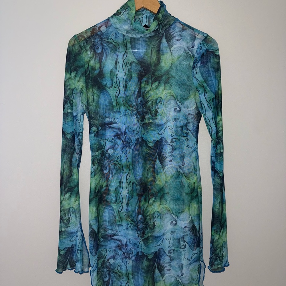 SHEIN Blue Long Sleeve Fitted Dress with Mandarin Collar